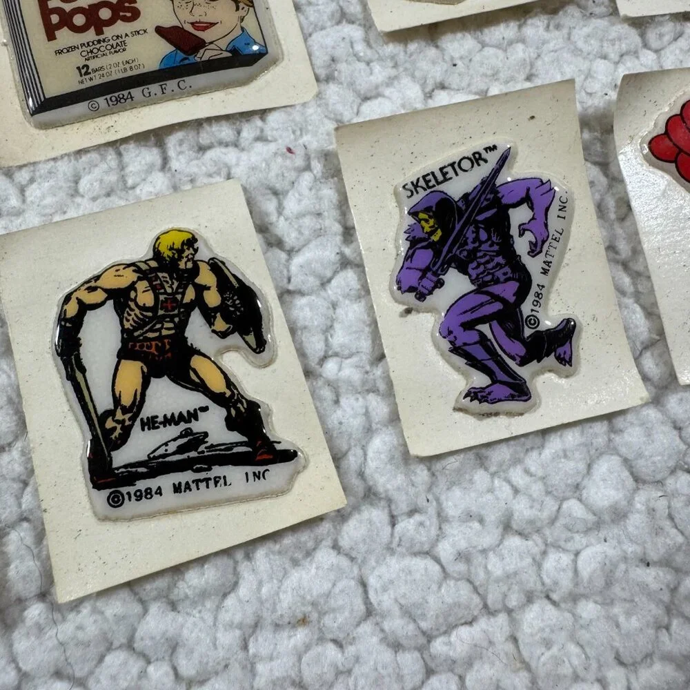 Vtg 35 Puffy Stickers 1984 He Man Skeletor Spiderman Barbie Chipmunks Jello Pops